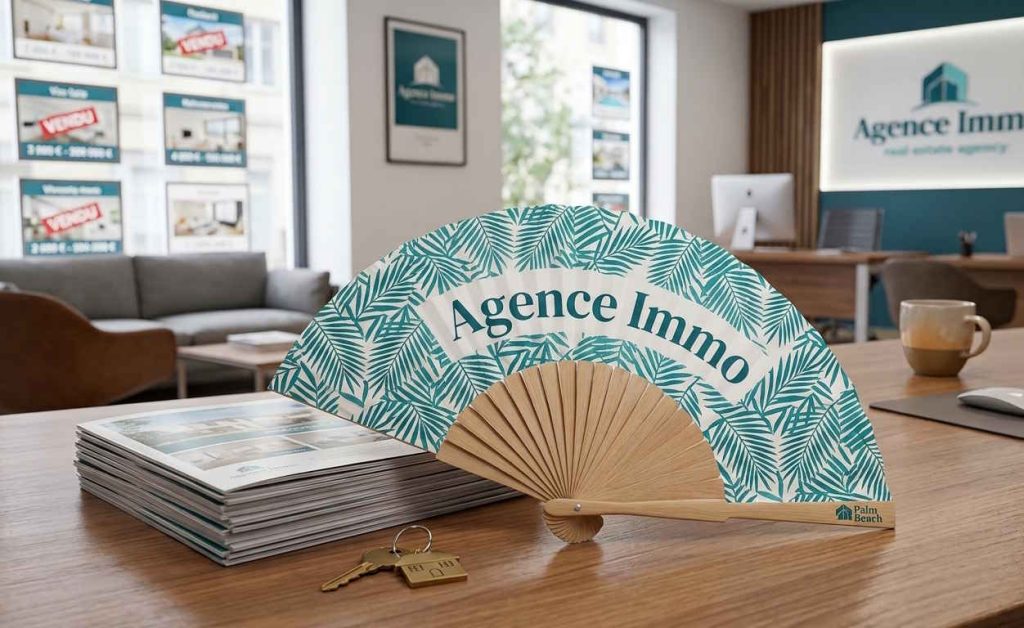 Eventail personnalisé en bois pour une agence immobilier