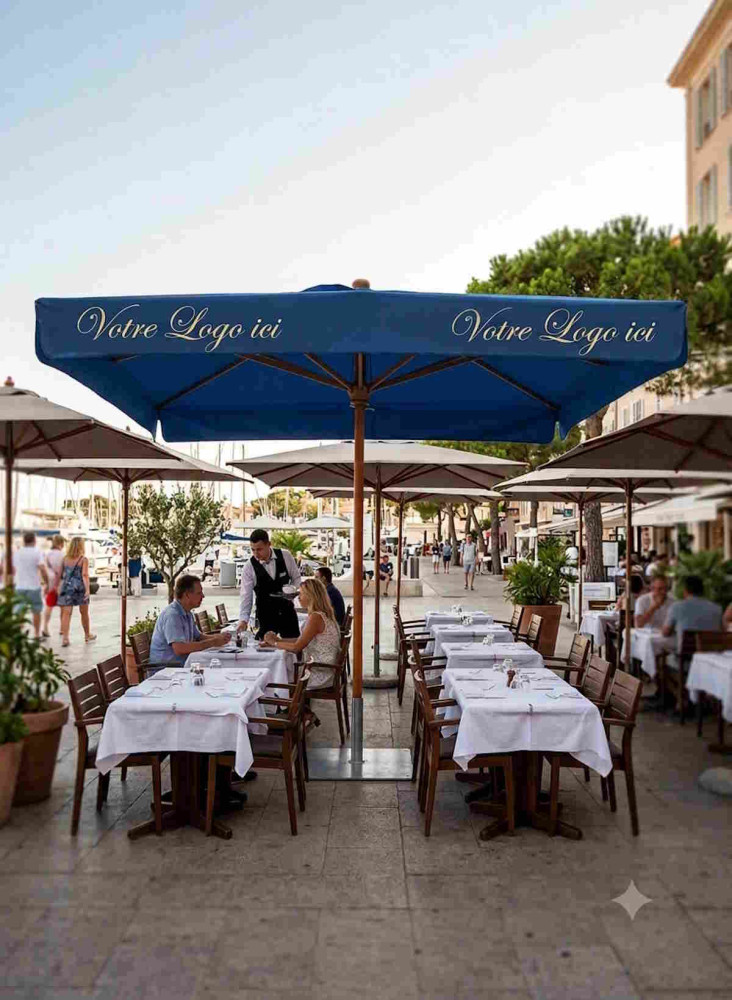 Parasol Bois Carré publicitaire de grande taille sur une terrasse