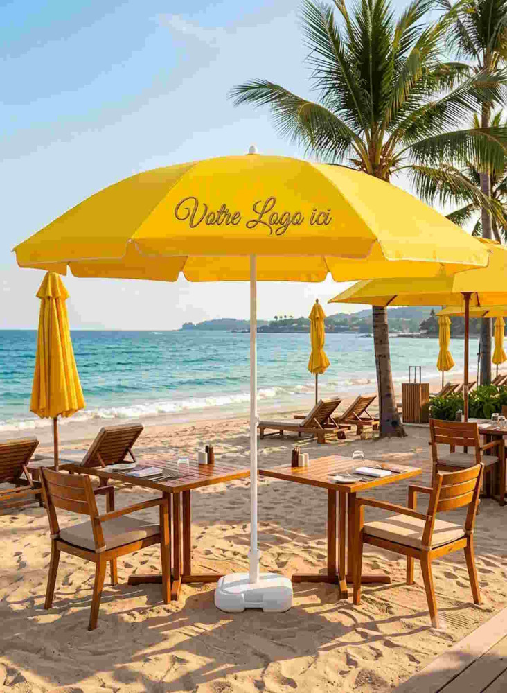 Parasol en toile polyester sur une terrasse de plage