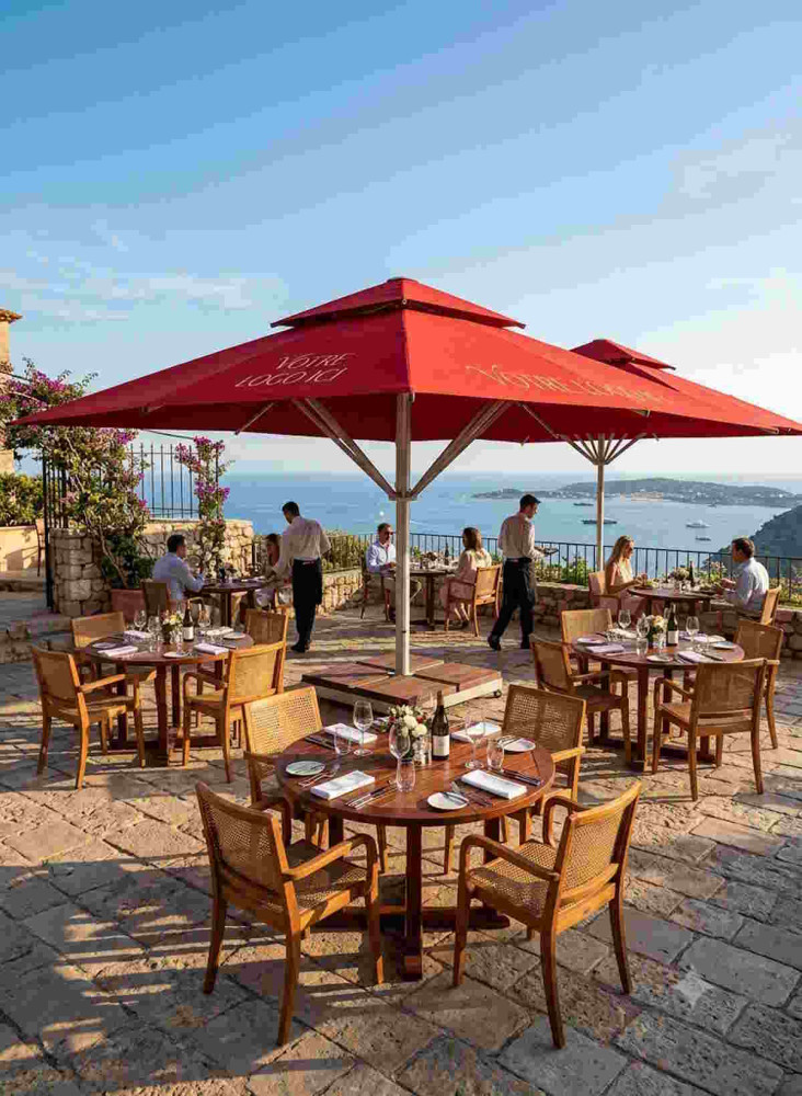 Parasol double-toit en bois sur une terrasse de restaurant