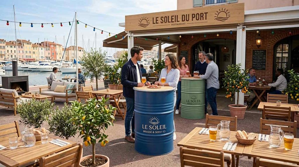 Baril publicitaire pour terasse et restaurant